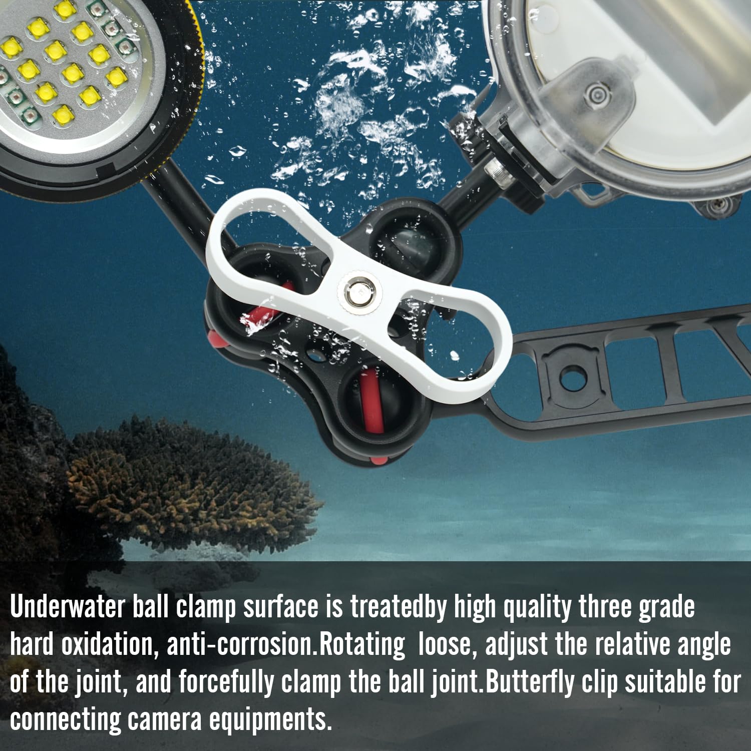 nitescuba 2 soportes de abrazadera de bola estándar de 1 pulgada, soporte de abrazadera de bola larga de 360° para sistema de bandeja de brazo de luz de buceo subacuático (SC03)
