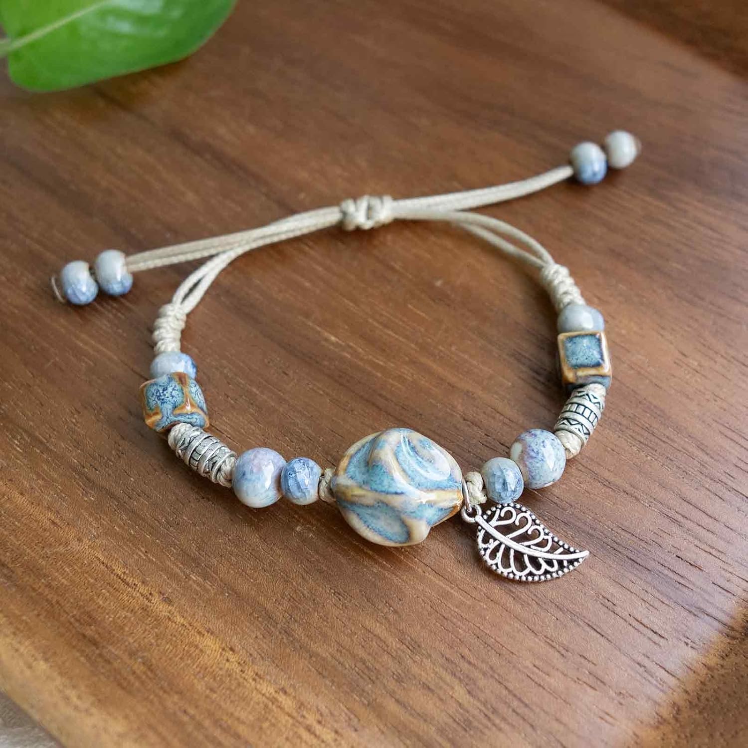 Boho Navy Blue Ceramic Beads Bracelet with Leaf Charm, Adjustable Bohemian Friendship Bracelet for Men and Women, Handmade Hippie Jewelry Gifts - Image 6