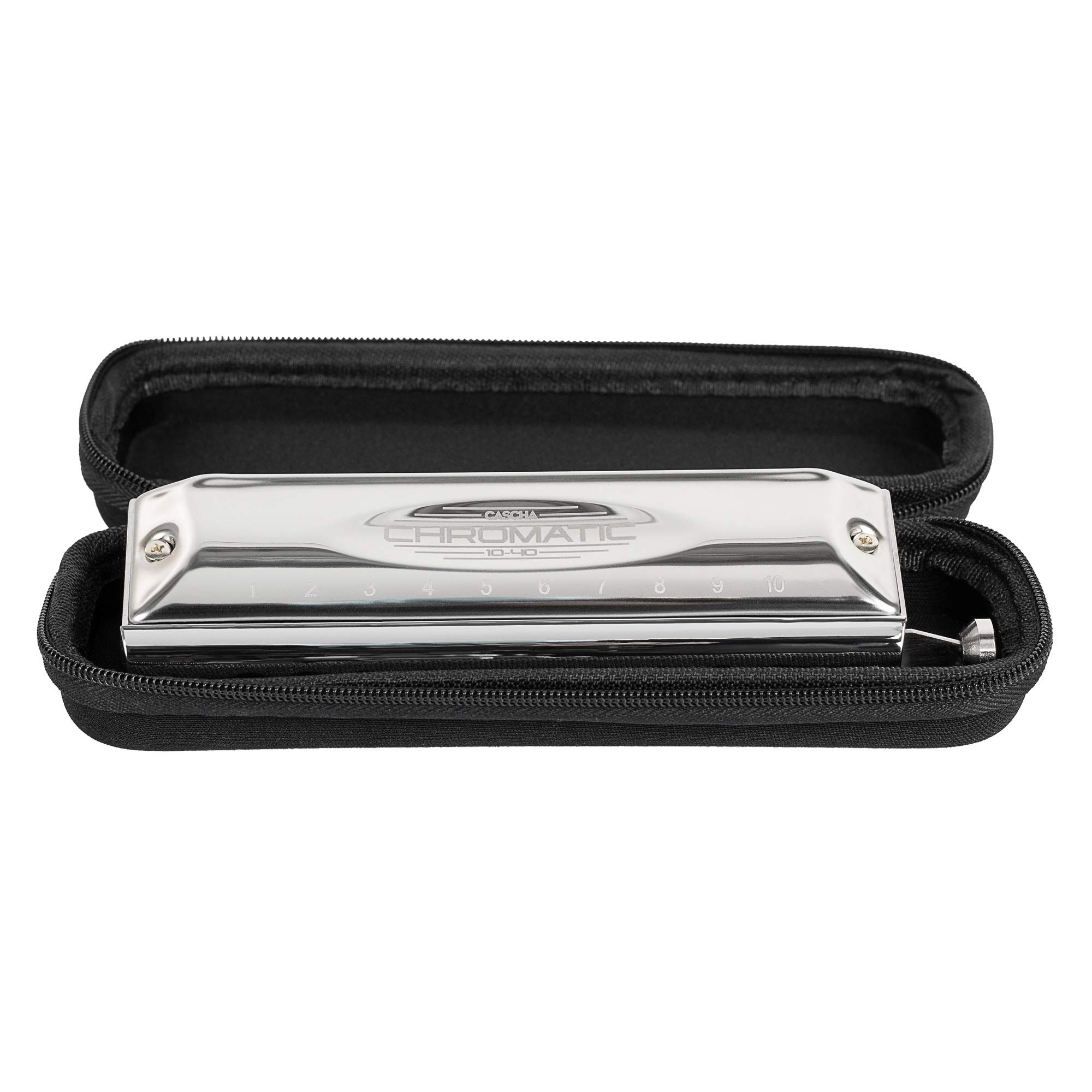 Cascha Chromatic 10-40, chromatyczna harmonijka ustna z miękkim etui i ściereczką do czyszczenia, 10 otworów, 40 tonów