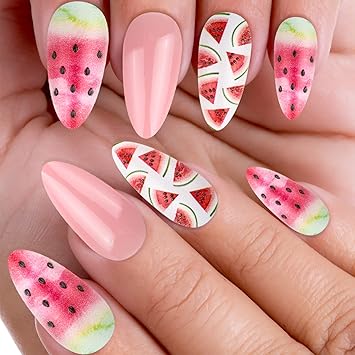 24Pcs Watermelon Stiletto Nails Pre-glued Fake Nail Summer Almond Shaped Full Cover Tips Art Nail Design Manicure Women Girls