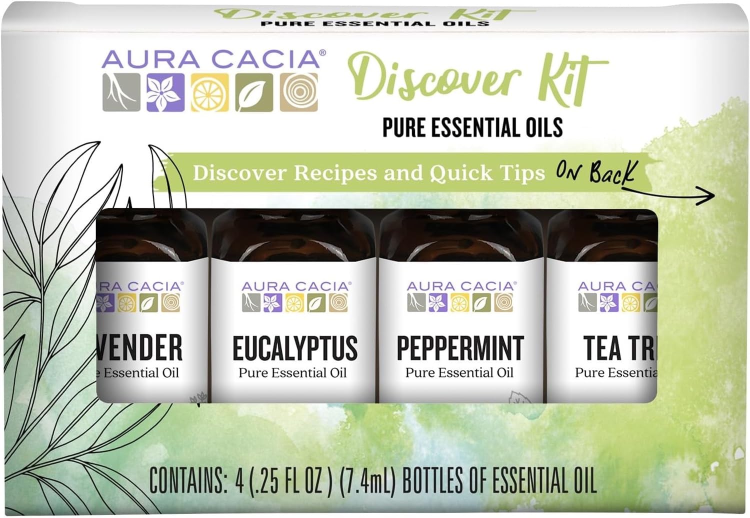 Aura Cacia Discover Essential Oils Kit, 4-Pack, Lavender, Eucalyptus, Peppermint & Tea Tree Oils, Excellent Starter Set