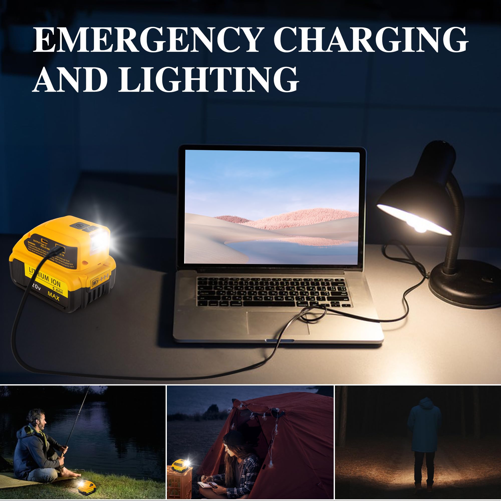 Przenośny adapter zasilania do generatora baterii 20 V MAX z ładowarką USB typu C i diodami LED do pracy, kampera, na kemping, w podróży, tylko narzędzie