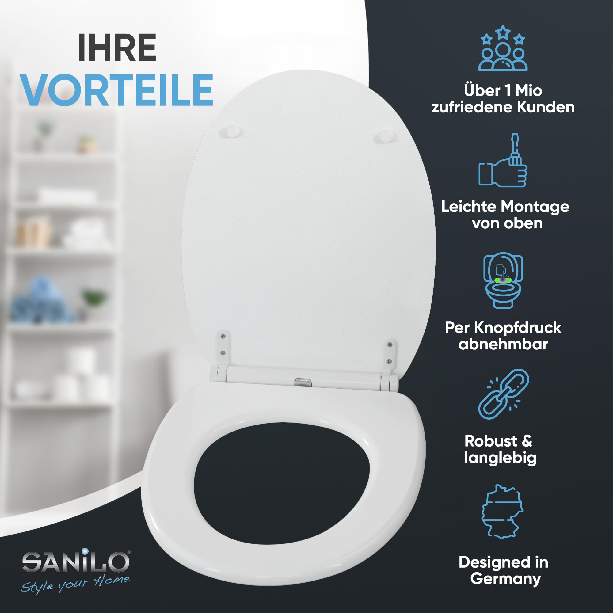 Sanilo WC Sitz mit Absenkautomatik & Quick-Release aus Holz, Glitzer Weiß