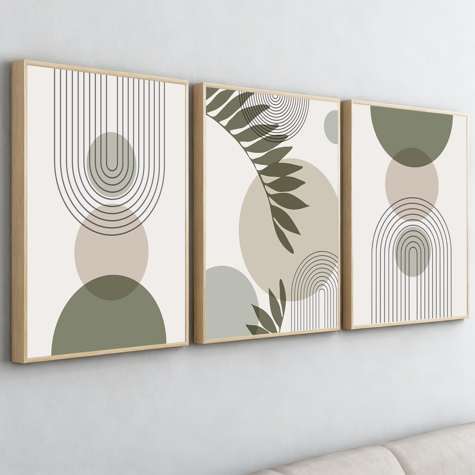 PWAAHDC Sage Green Framed Canvas Wall Art Set of 3 - Large Boho Abstract Prints for Hallway, Stairs, Bedroom, and Living Room Walls - 12"x16" (30x40cm)