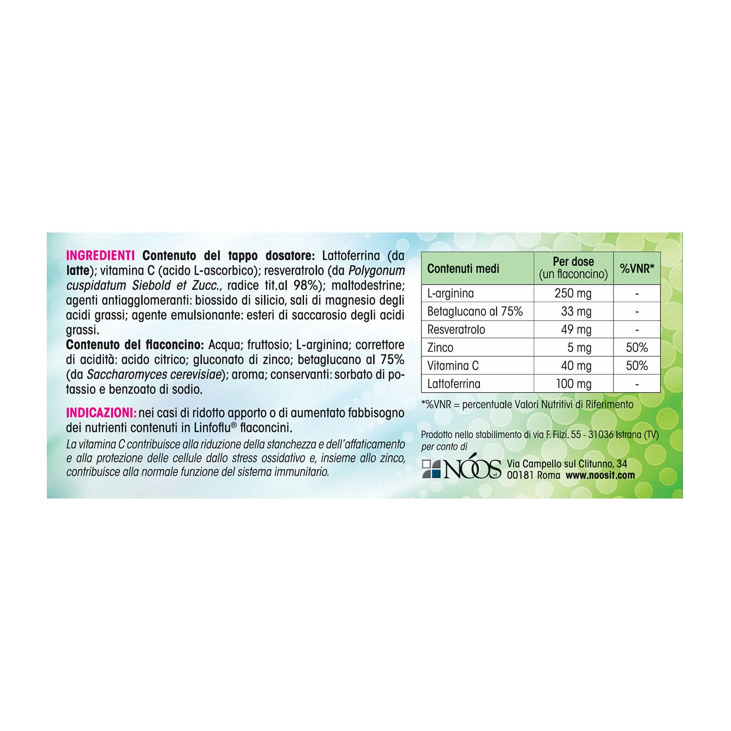 Nóos Linfoflu® Integratore Difese Immunitarie 15 Flaconcini da 10ml con Lattoferrina, Resveratrolo, Vitamina C e Zinco Integratore per Adulti e Bambini Riduce Stanchezza e Affaticamento Gusto Amarena