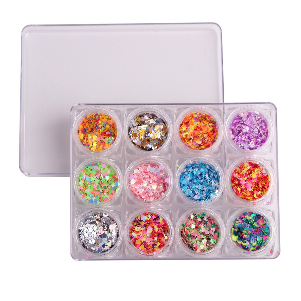 WOKOTO12 Jars Multi-shape Nail Art Sequins Glitter Powder Mix Color Stars Shape Heart Shape Crescent Shape Colourful Nail Manicure Nail Art Decorations Paillette