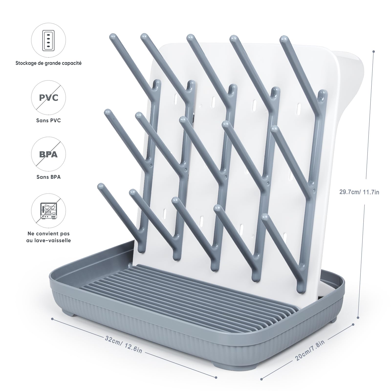 Support De Séchage pour Biberons : Grand Support Vertical pour Le Séchage des Biberons - Support De Séchage Vertical Peu Encombrant pour Le Nettoyage des Biberons Et des Pièces De Pompe (Gris)