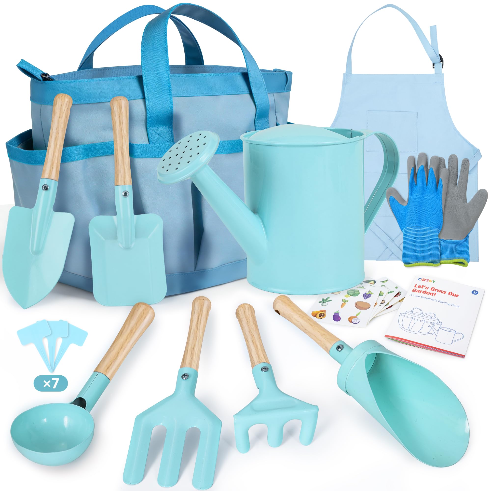cossy Gartenset für Kinder, 13-teilige Gartenwerkzeug Set, Gartengeräte für Kinder Kleinkinder Jungen & Mädchen, Inklusive Tragetasche, Gießkanne, Schaufeln, Rechen, Gartenhandschuhe, Schürze, Blau