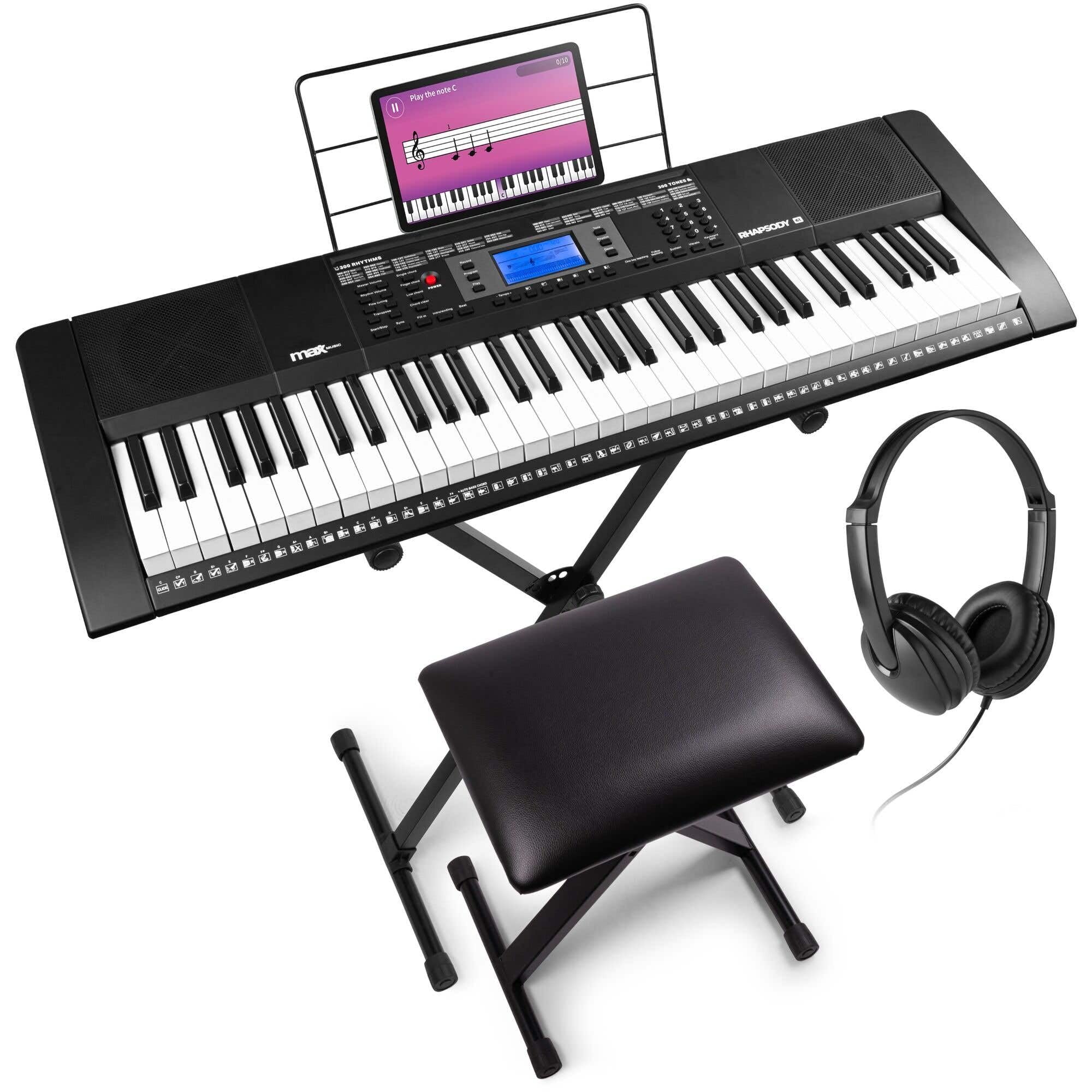 MAX Rhapsody61M Teclado Piano eléctrico de 61 teclas, con auriculares, soporte para teclado y banqueta, 600 sonidos, respuesta táctil, MP3 USB, pantalla, función de aprendizaje, MIDI y AUX