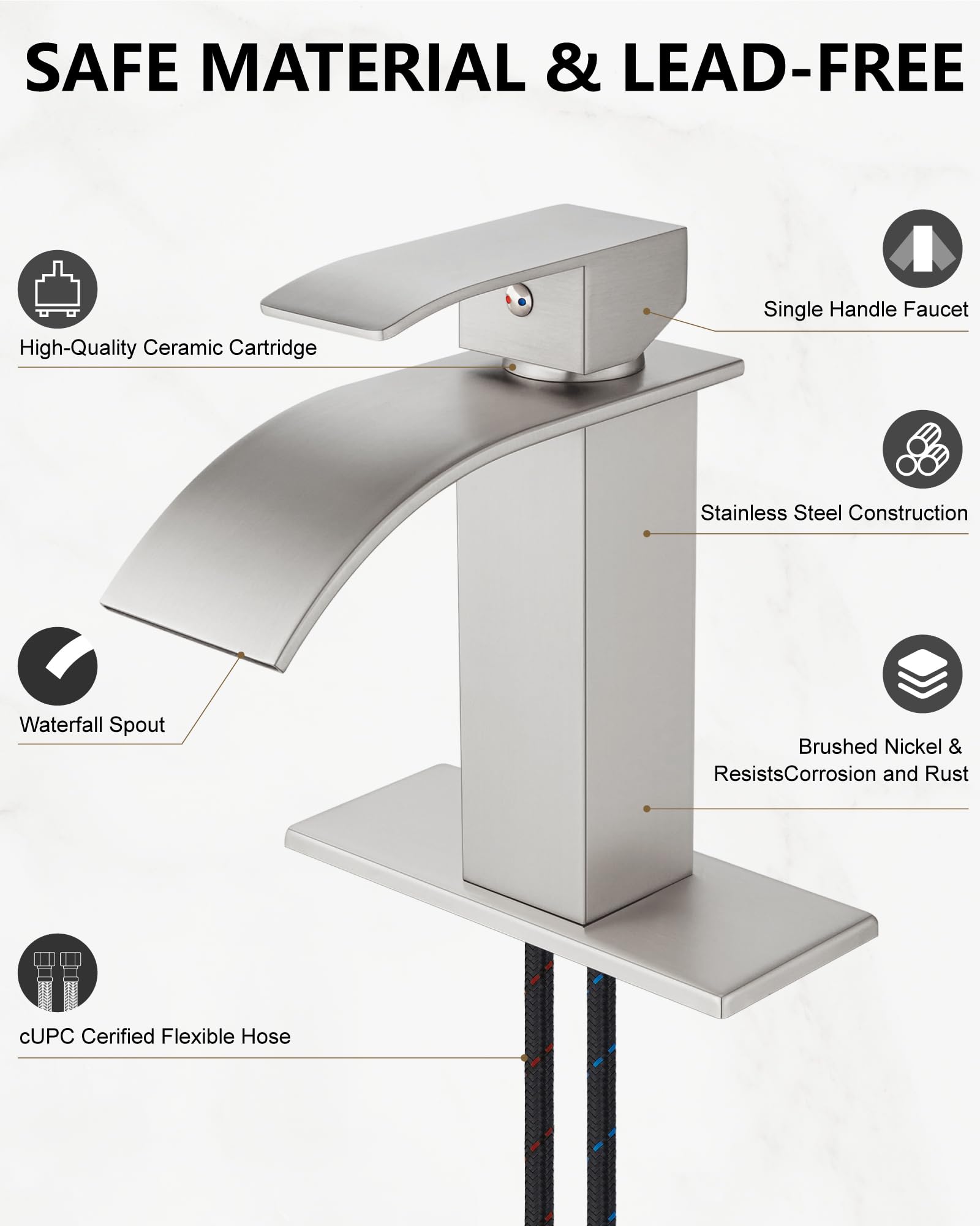 Midanya Rubinetto da bagno con beccuccio a cascata, montaggio a foro singolo o a 3 fori, rubinetto per lavello in acciaio inossidabile 304 con scarico pop-up, compatibile con vanità camper, oro