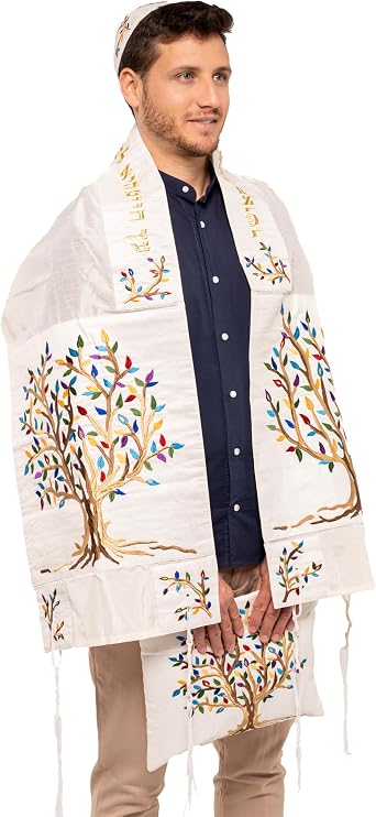 Yair Emanuel Multicolor Tree of Life Design Embroidered Raw Silk White Tallit Set
