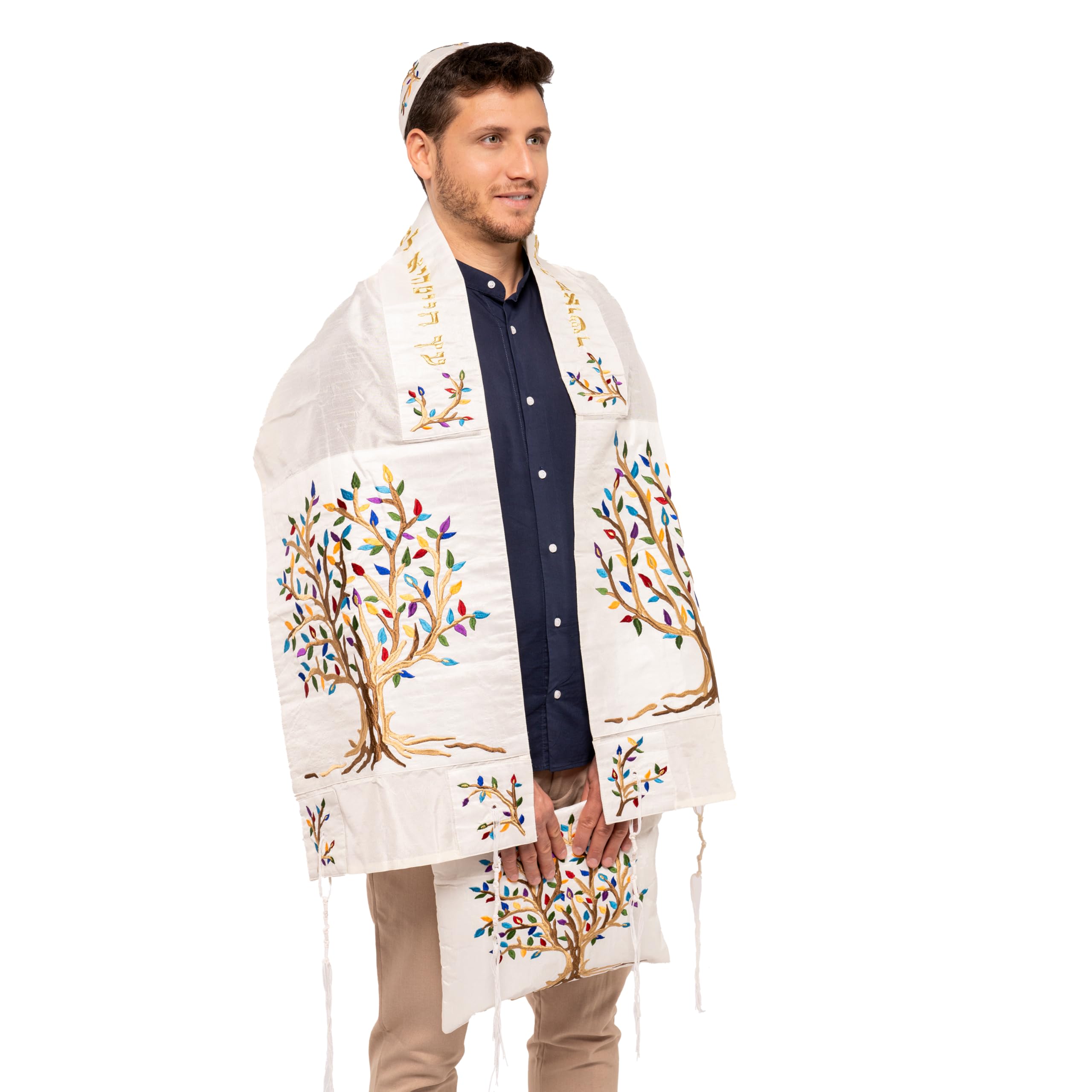 Yair Emanuel Multicolor Tree of Life Design Embroidered Raw Silk White Tallit Set-image-45