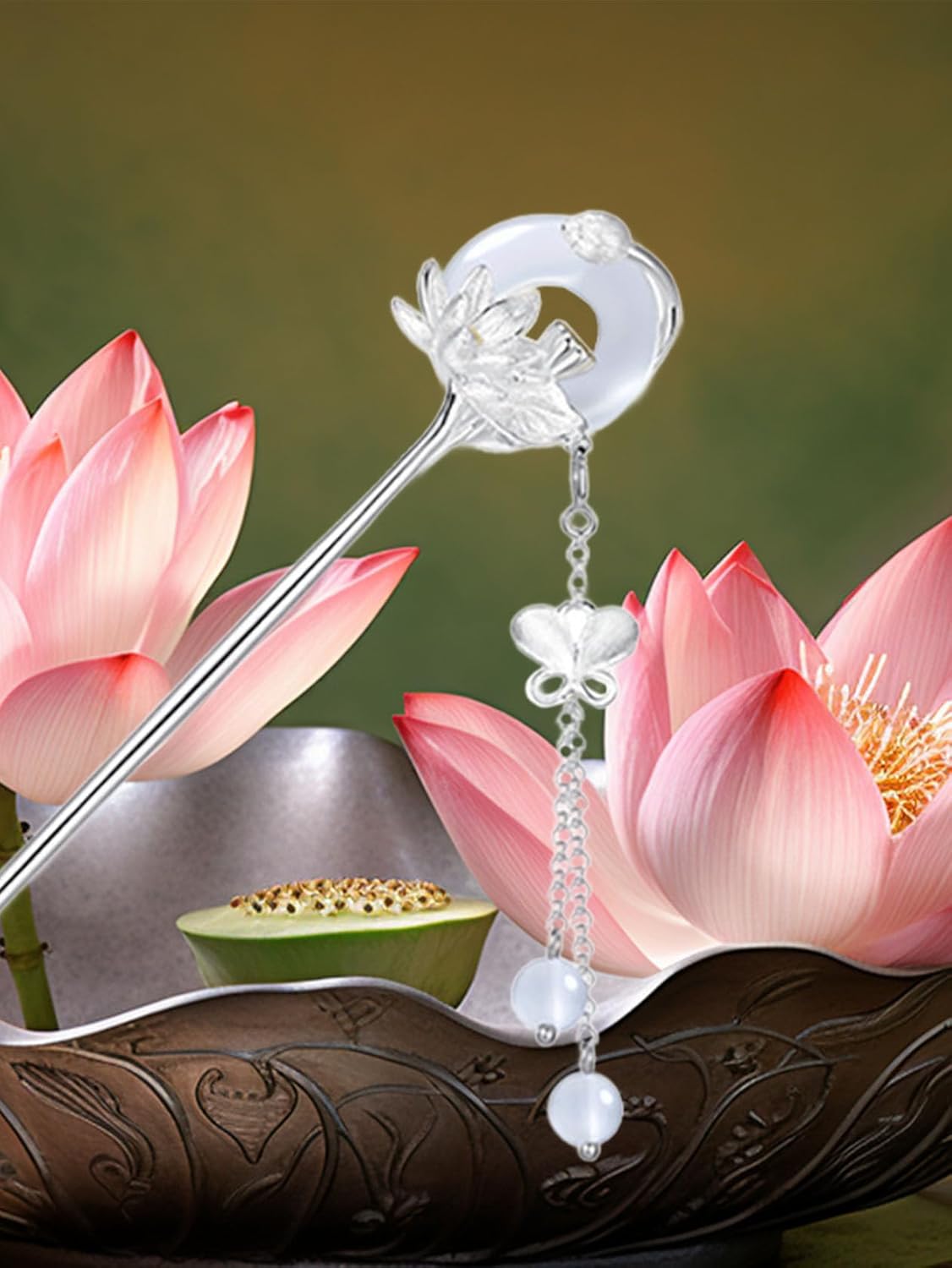 HangErFeng Women's Silver Hairpin Flower Shape Accessories Tassel Hairclip 856