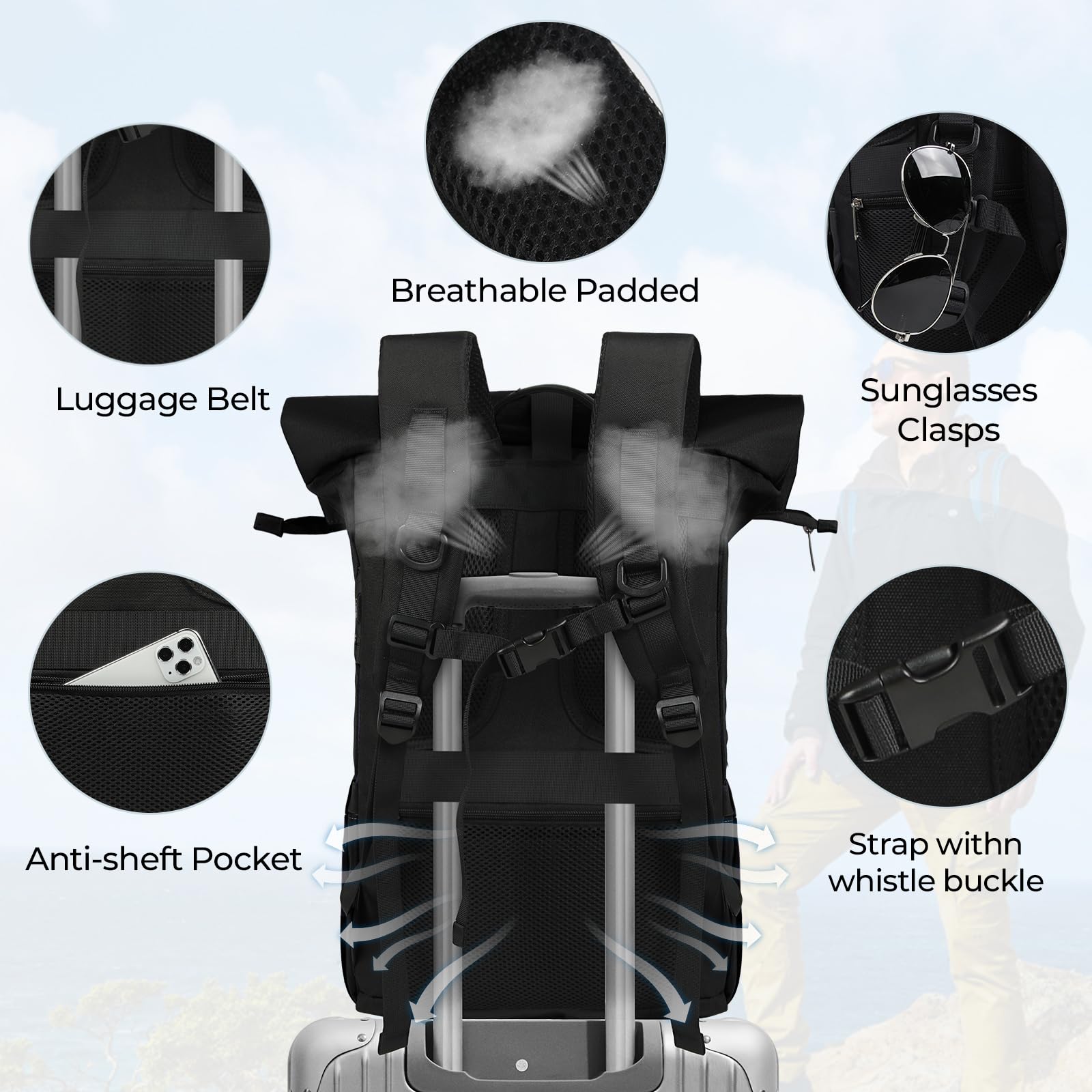 RAINSMORE Rolltop Rucksack Damen Herren, Rucksack Wasserdicht, Laptop Rucksack 17 Zoll Groß Reiserucksack Daypacks Backpack Wanderrucksack Schwarz