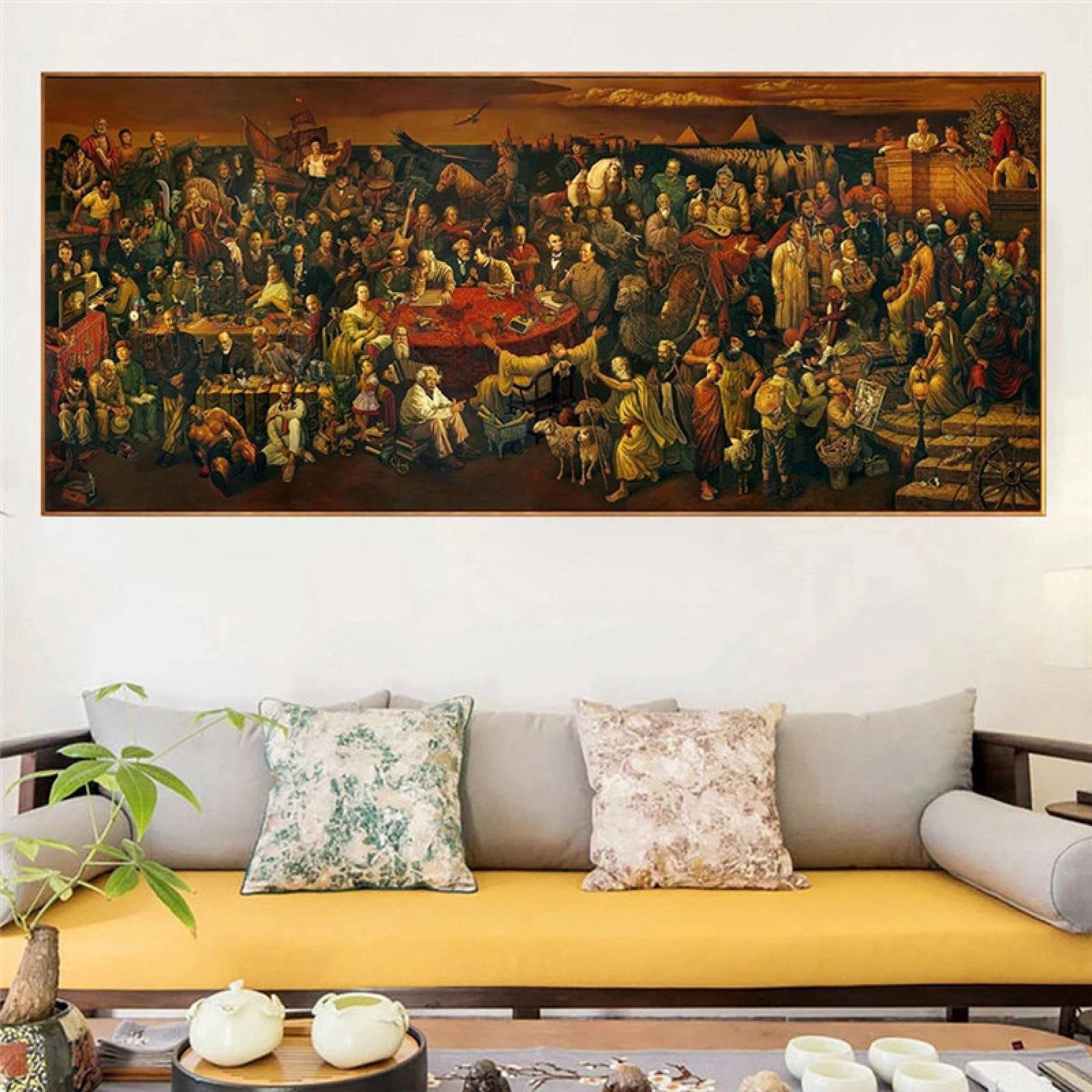 KADING Großes Leinwandbild Berühmte Persönlichkeiten Gemälde Diskussion über die Göttliche Komödie mit Dante Ölgemälde Drucke Poster für Wohnzimmer 50 x 105 cm (20 x 41 Zoll) mit Rahmen