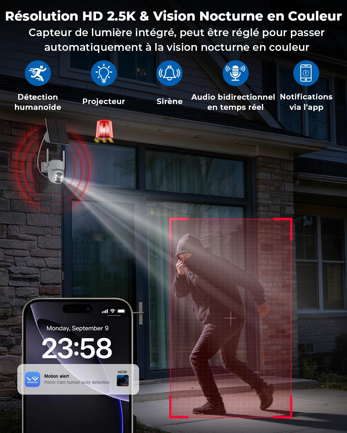 WESECUU Camera Surveillance WiFi Exterieure sans Fil Solaire 2.5K 4MP avec Panneau Solaire 5W, 360° PTZ, IP66