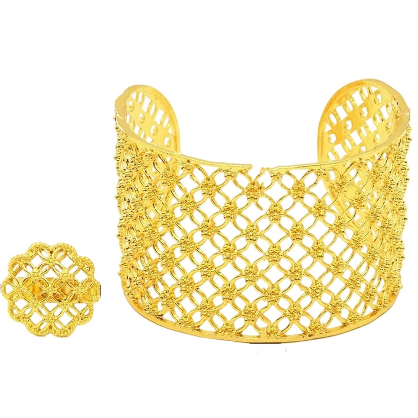 MOCHAMIK Quasten-Manschettenarmband mit befestigtem Ring für Damen in 24-Karat-Goldfarbe. EIN luxuriöser Designer-Armreif für EIN Statement-Schmuck-Ensemble