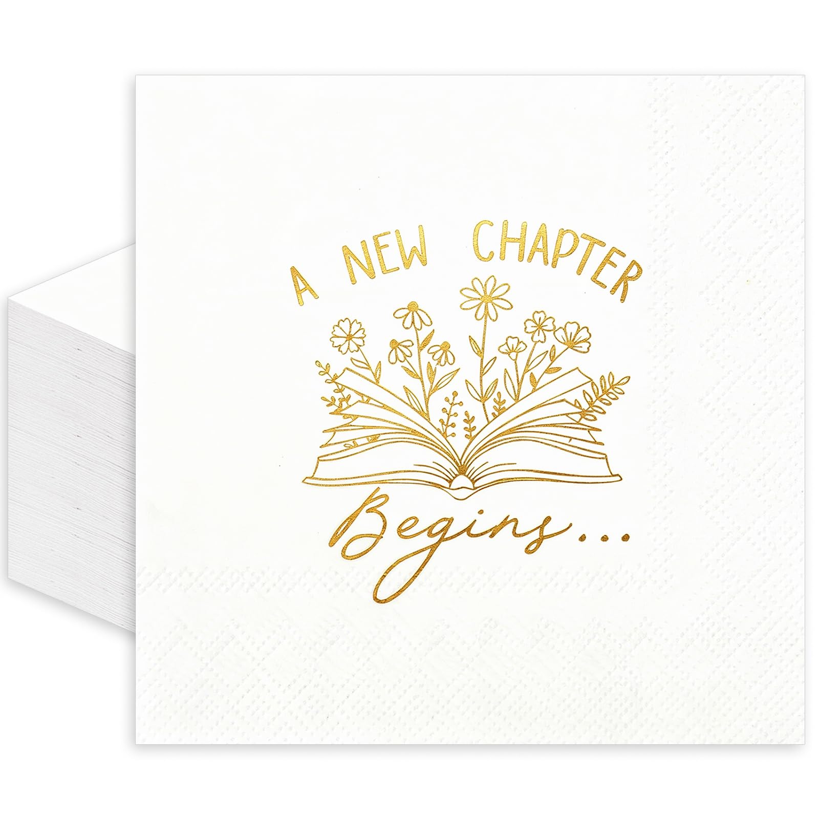 Whaline 50Pcs A New Chapter Begins Cocktail Napkins Gold Foil Disposable Paper Napkin Floral Book Beverage Napkins for Baby Shower Graduation Retirement Party