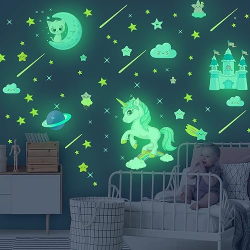 Miniatura 38 de Calcomanías de pared de unicornio que brillan en la oscuridad, calcomanías de estrellas extraíbles para techo, calcomanías de pared luminosas