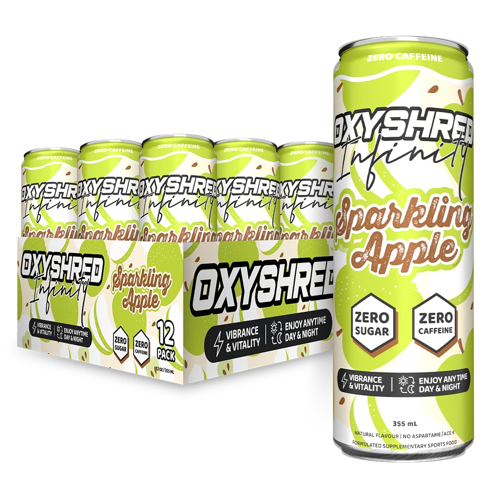 EHP Labs OxyShred Infinity Caffeine Free Energy Drink - Sugar Free Energy Drinks with L Theanine, Alpha-GPC & B-Vitamins for Clean Energy, Focus & Mood Support - Zero Calories, Zero Carbs, Sparkling Apple (12-Pack)