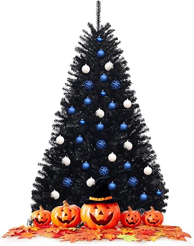 Miniatura 10 de Goplus Árbol de Navidad negro sin luz de 7.5 pies, árbol de Halloween artificial con 1258 puntas de rama, soporte de metal, árbol completo