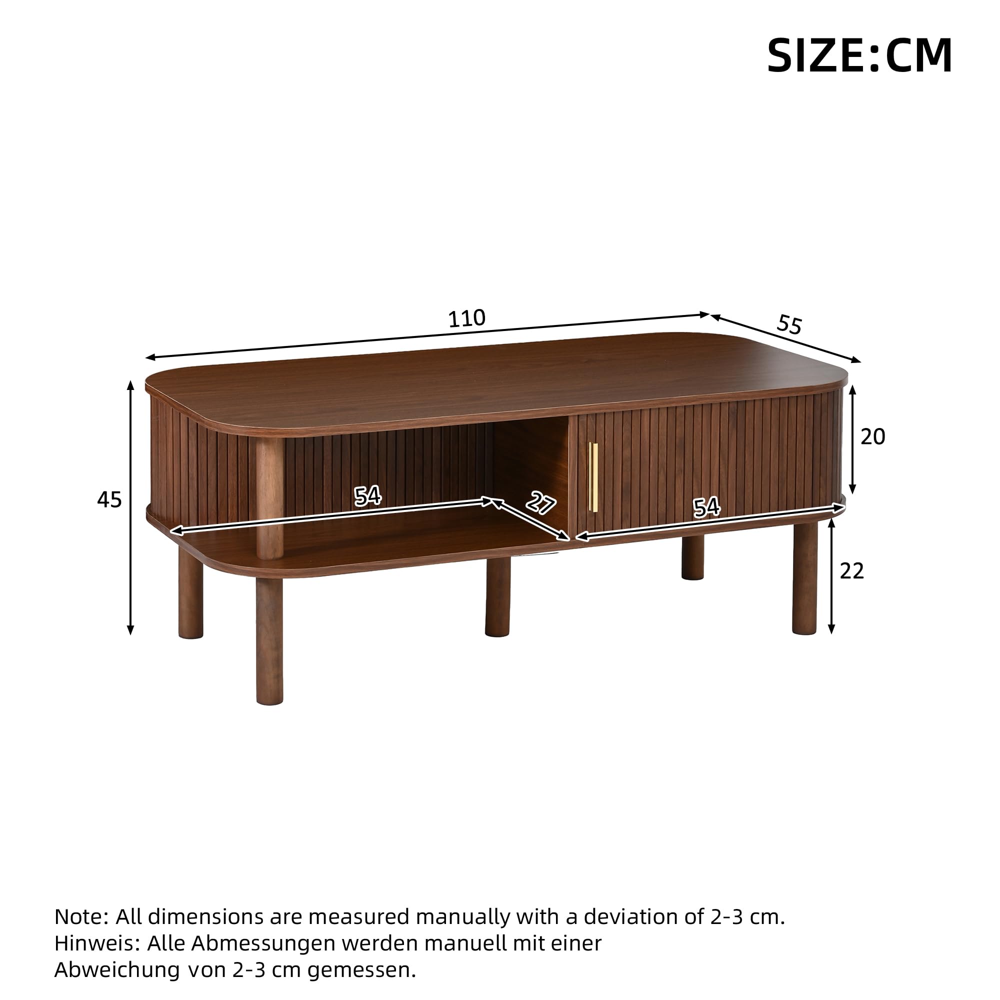 Couchtisch 110x55x45cm aus MDF, Skandinavischer, Rolltor, offene Fächer, Stauraum, belastbar 60 kg, Walnussholzfarbe