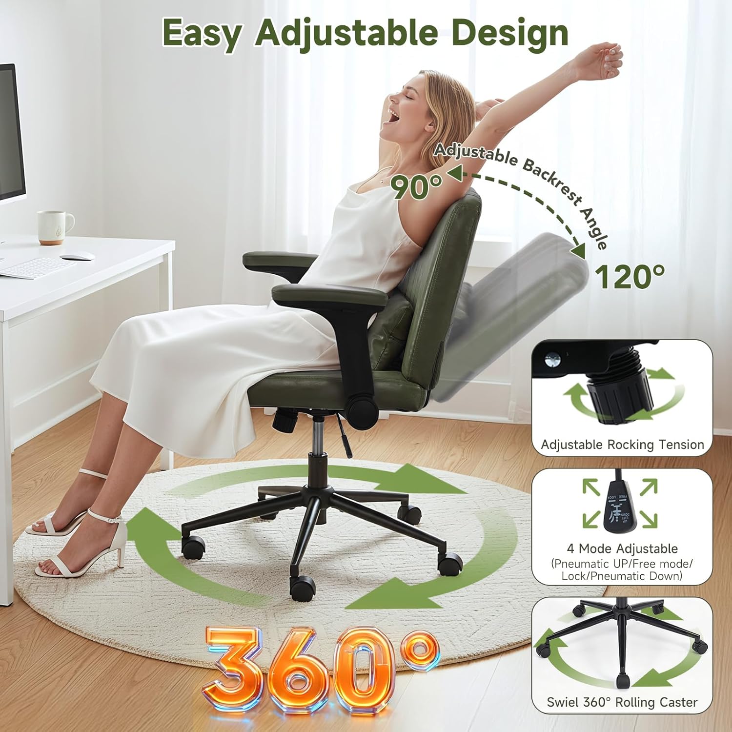 Criss Cross Chair with Wide Seat, Flip-Up Arms & Wheels, Ergonomic Home Office Desk Chair with Lumbar Pillow, Adjustable Height Vanity Rolling Chair for Vanity or Home Office(PU Green)