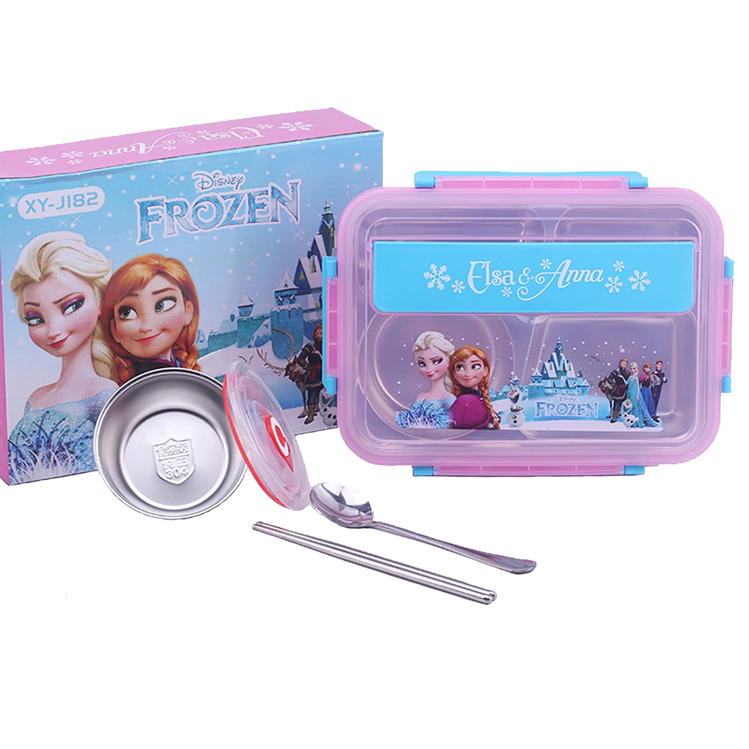 Kids Lunch Box with Tableware,Customed for Kids Cartoon Bento Lunch Box，1100ml 4 compartment Insulated Lunch Box for Children | Leakproof | BFA Free | Dishwasher | Stainless Steel 26x20x7cm (Frozen)