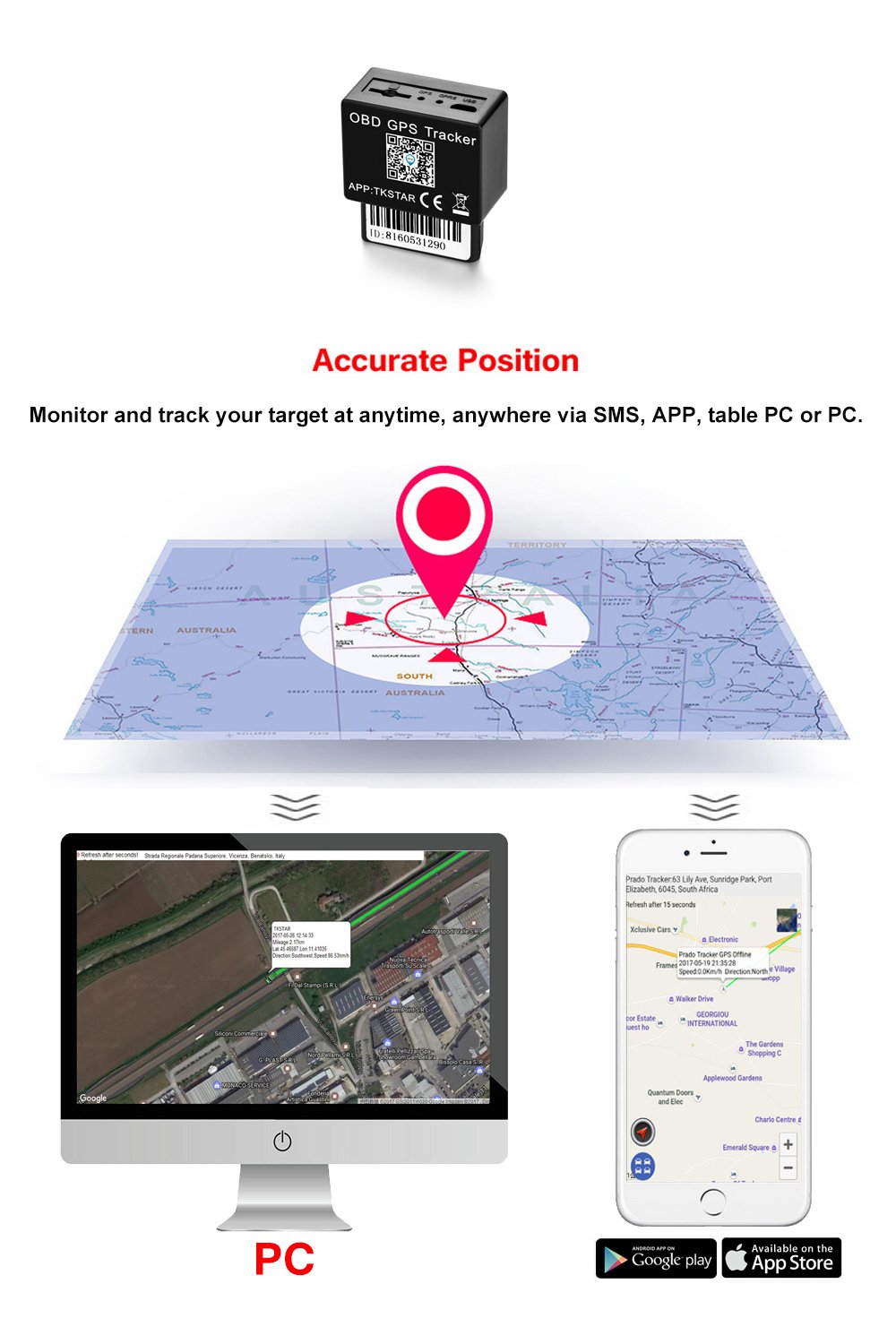 Winnes TK816 Traceur GPS pour voiture 4G OBD2 Tracker GPS résistant à l'eau Alerte de vitesse application gratuite pour camionnette et voiture