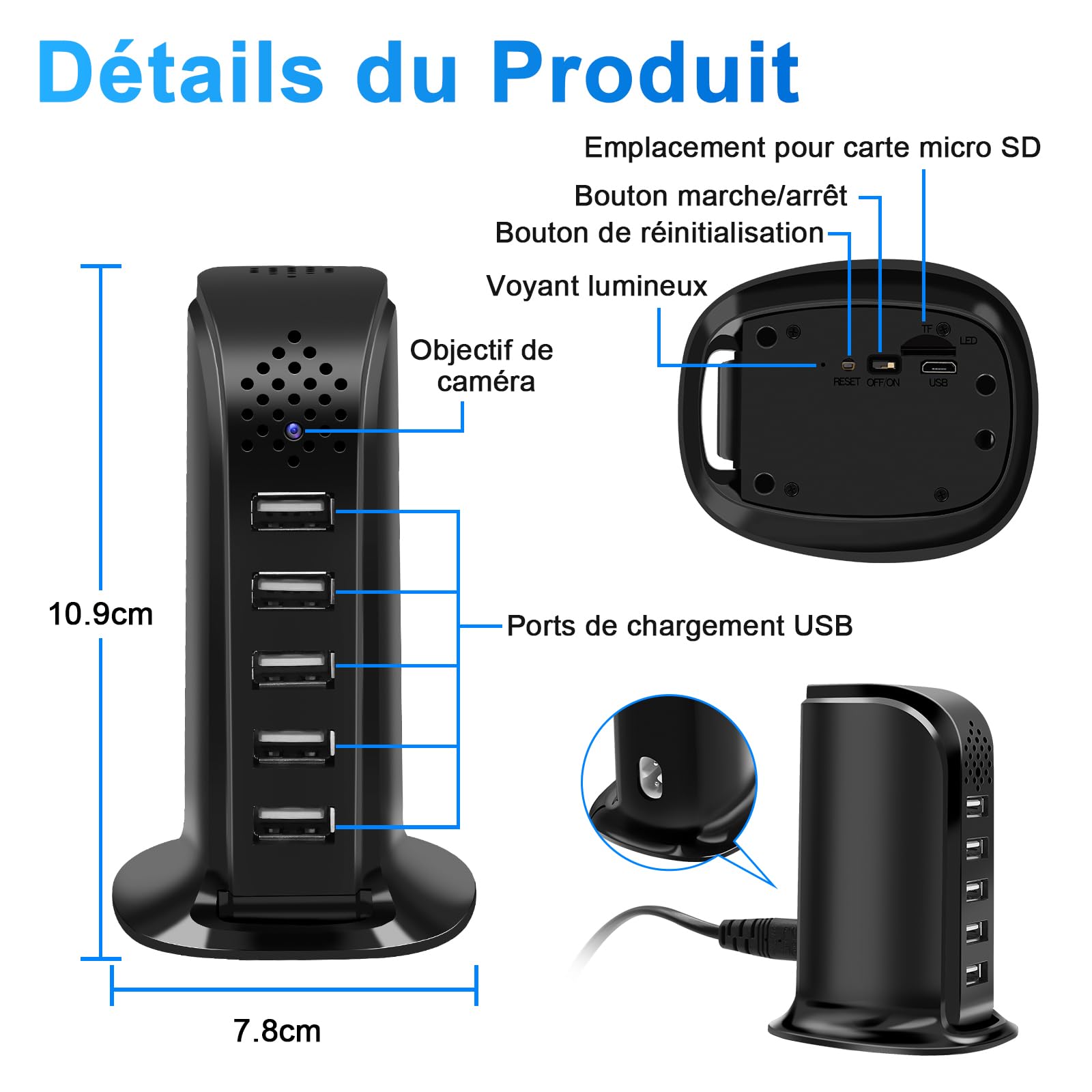 Caméra Espion WiFi 2.4 & 5G, Chargeur USB à 5 Ports avec Mini Caméra Espion Cachée, HD 1080P Micro Camera Cachée WiFi Supportant la Détection de Mouvement et l'enregistrement en Boucle