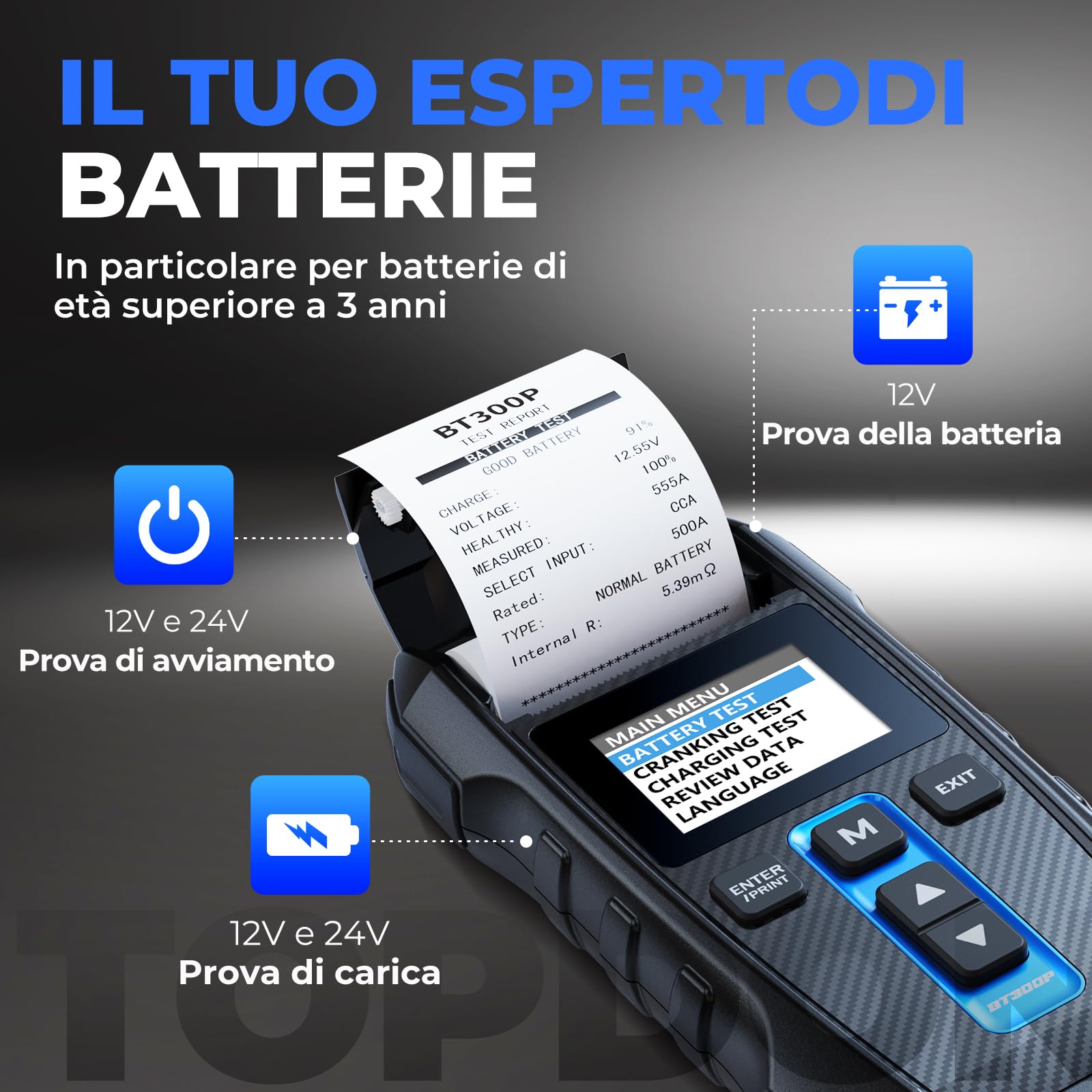 TOPDON Tester Batteria Auto BT300P, 12V 24V 100-2000 CCA Tester per Batterie con Stampante Incorporata, per Test Batterie/Caricabatterie/Sistemi di Ricarica, Adatto per Auto/Solidi/Autocarri Leggeri