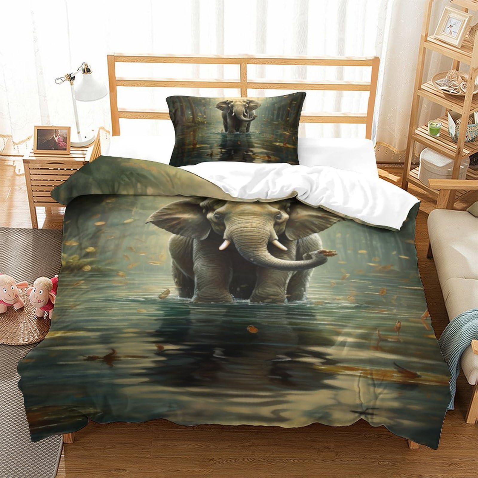 Parure de couette éléphants 3D en microfibre 135x200 cm avec taie d'oreiller pour lit simple