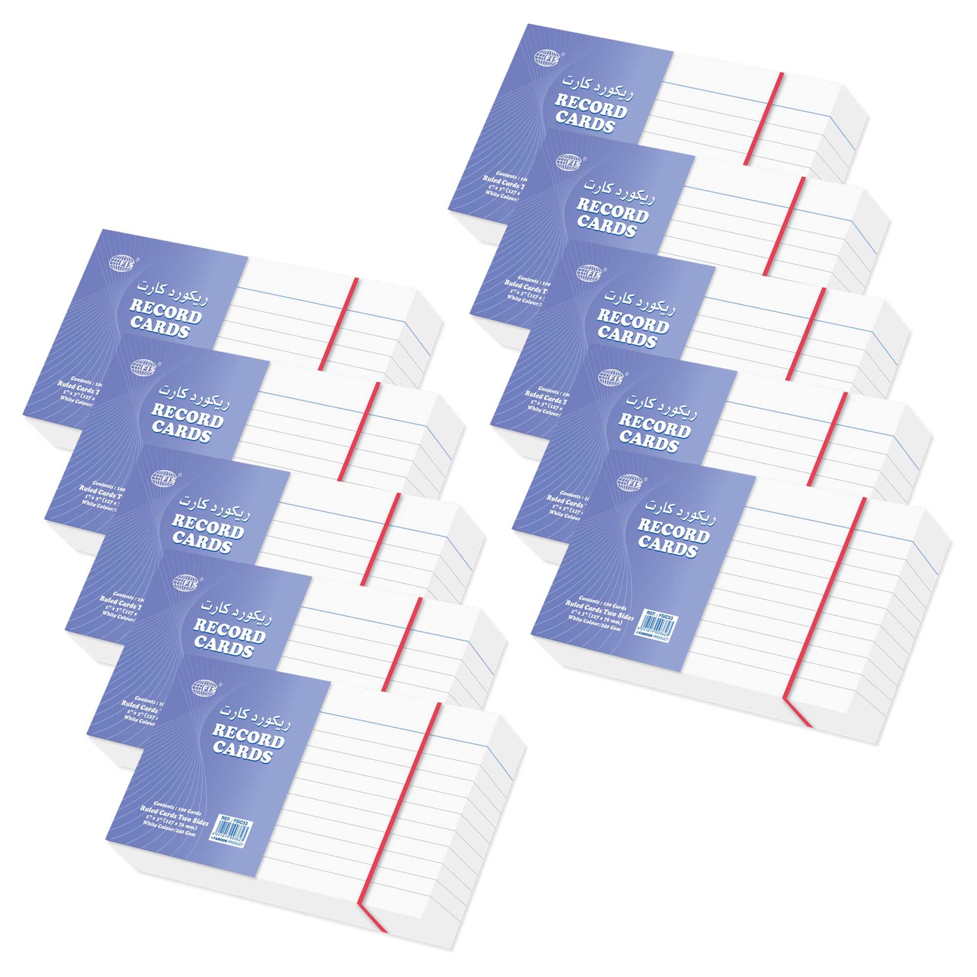 FISRuled Record Cards or Index Cards, Size:5"x3" Inches (127x76mm), Two Sides Single Ruled, 240gsm, 100 Sheets Per Packet, Packet of 10 Pieces(1,000 Sheets), White Color-FSIC53-10