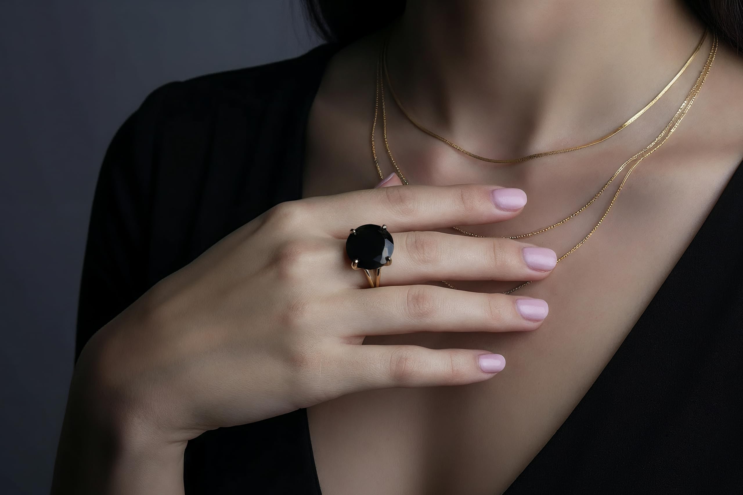 Anillo de Ónix Negro de 16MM - Anillos de Oro de 14k para Mujeres - Anillos de Piedras Preciosas para Mujeres, Anillos de Moda, Anillos para el Día a Día - Anillos Hechos a Mano