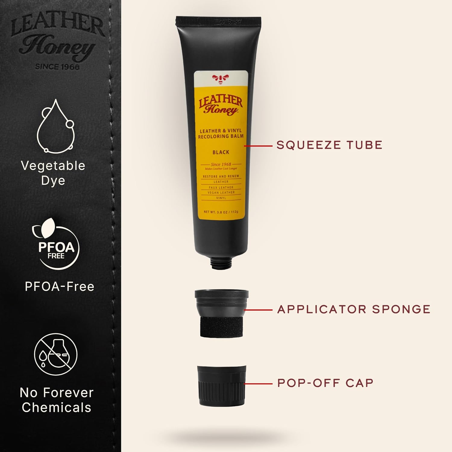 Leather Honey Black Recoloring Balm: Color Restorer and Scratch/Scuff Remover for Furniture, Couches, Shoes & Boots, Auto Interiors and Accessories