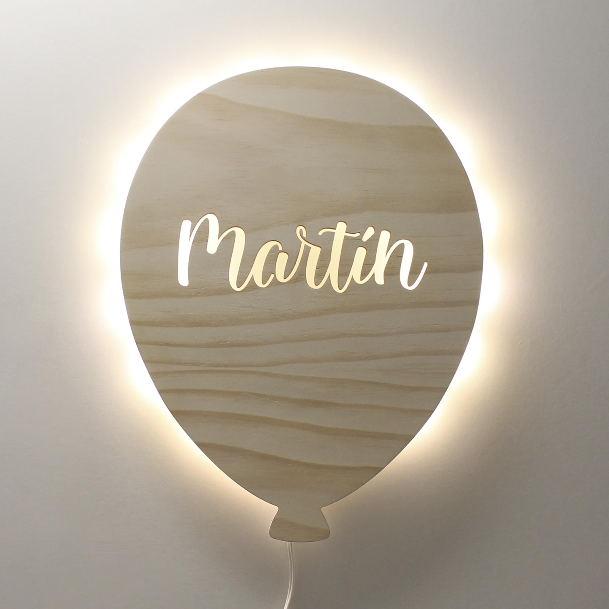 Lámpara de Pared Infantil Personalizada LED - Diseño de Globo Nube Estrella Sol - Luz Nocturna de Madera para Bebés y Niños - Regalo Original y Decoración para Habitación Infantil (Globo)