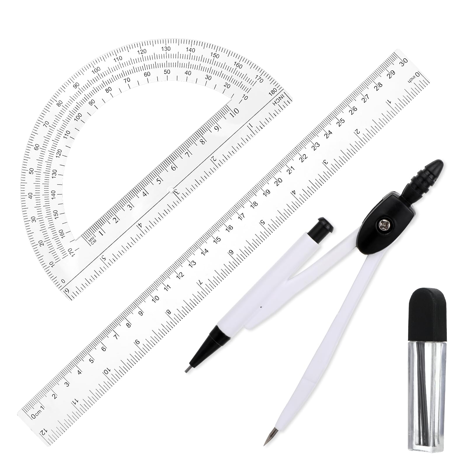 Student Protractor and Compass Set, 3 Pcs Geometry Math Set, 12 Inch Plastic Clear Ruler, Compass for Geometry and 180 Degree 6 Inch Protractor for Drawing Measuring School Office (Classic)