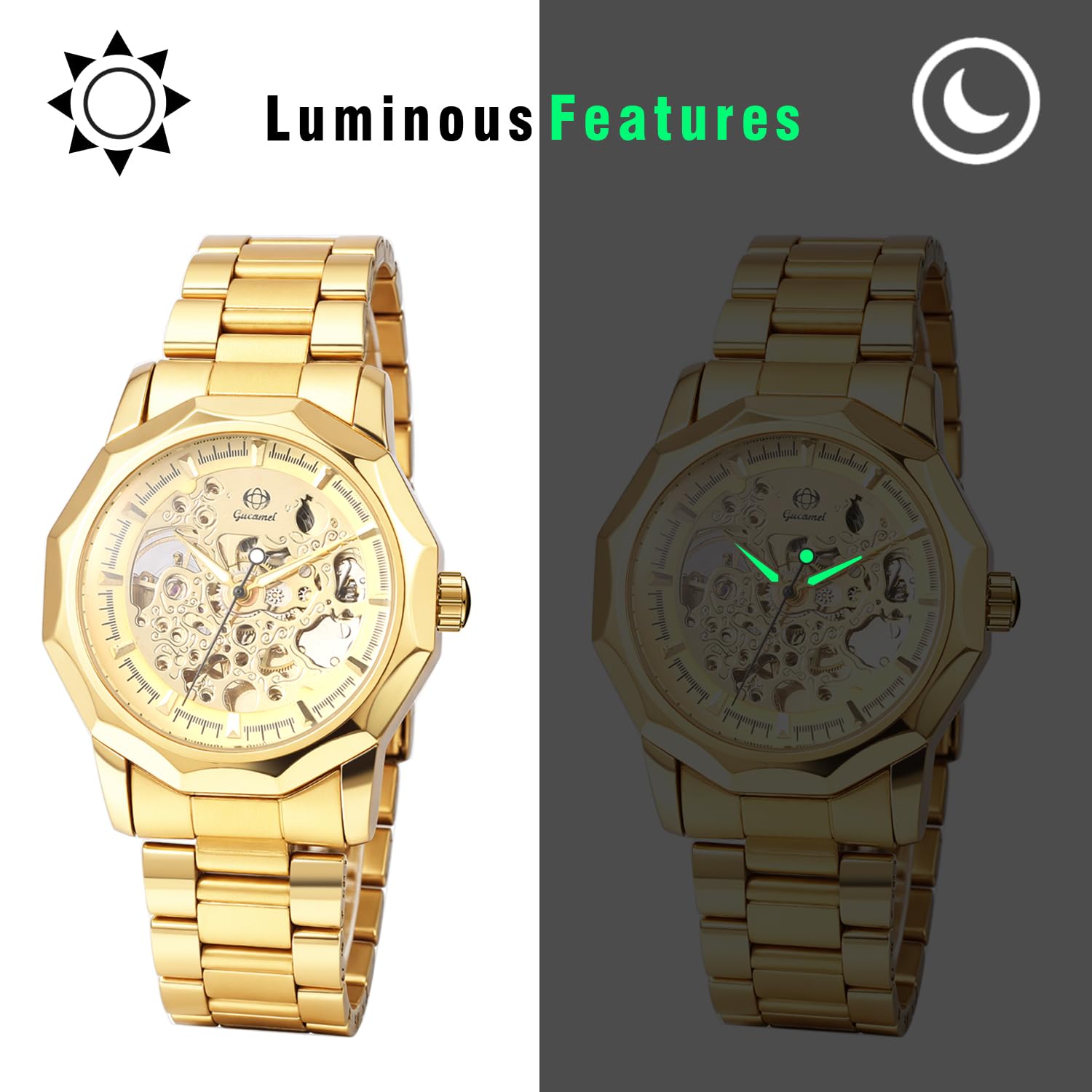 JewelryWe Reloj Mecánico Automático Hombre: Reloje de Pulsera Vestir Correa de Acero Inoxidable Dial de Engranajes Punteros Luminosa - para Regalo