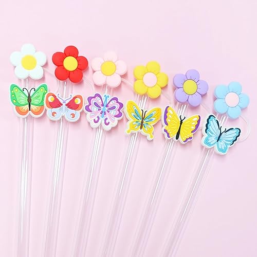 Miniatura 4 de 6 tapas de paja con diseño de flores para copa Stanley, cubierta de popote de mariposa de 0.394 in, a prueba de polvo, tapas reutilizables para