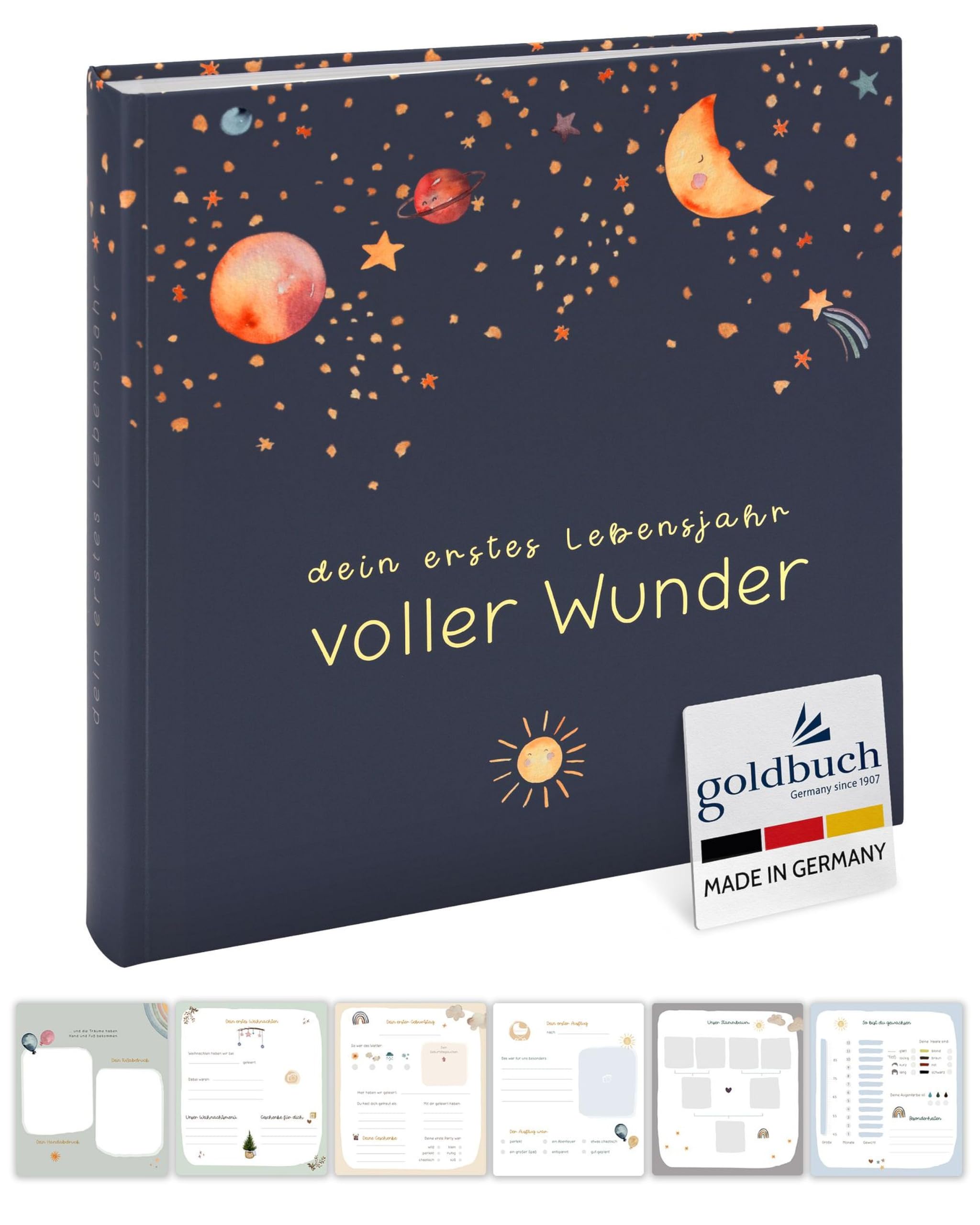 goldbuch 15 497 Babyalbum voller Wunder im Weltraum-Design, Fotoalbum mit 58 weißen Blankoseiten, Pergamin & 4 illustrierte Seiten, Baby Album Einband mit Goldprägung, ca. 30 x 31 x 4 cm, Blau