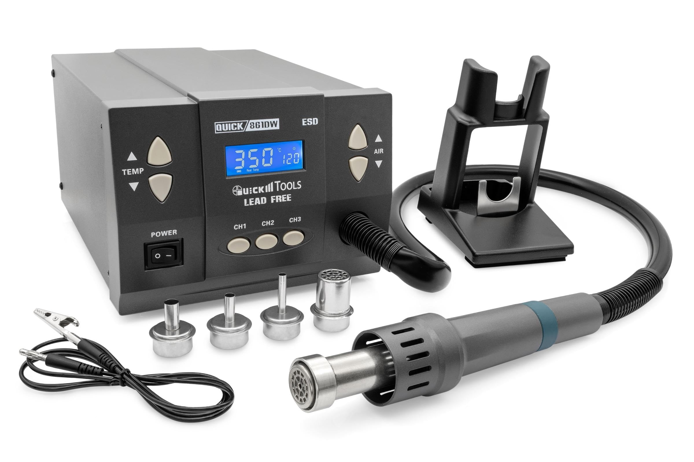 QUICK QU861DW - Stazione saldante professionale ad aria calda, regolabile, 1000 Watt, intervallo di temperatura 100-500 °C, SMD, funzione di calibrazione, standby, sistema di raffreddamento automatico