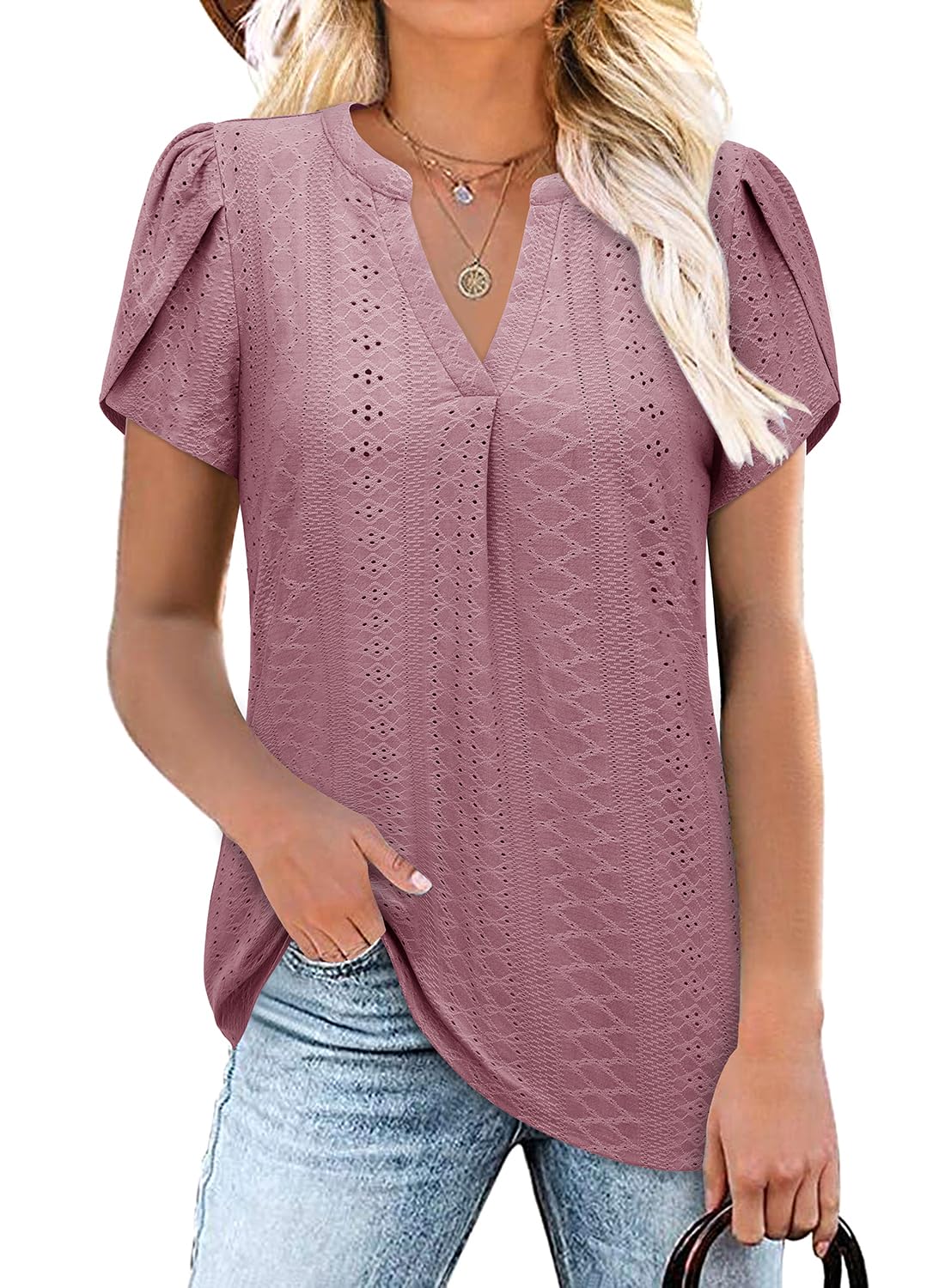 Bulotus Women Summer Casual Short Sleeve T-shirts V Neck Tops Short Sleeve Loose Fit Tunic Blouses