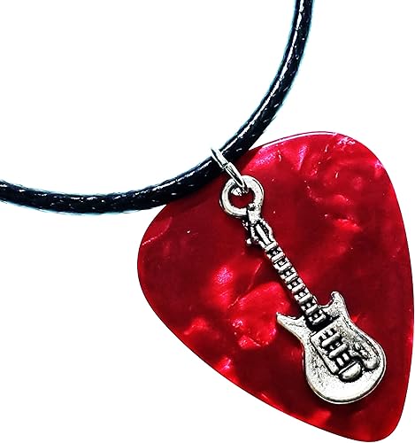 Guitar Pick Necklace with Electric Guitar Charm & Vegan Leather Cord Chain (Red)