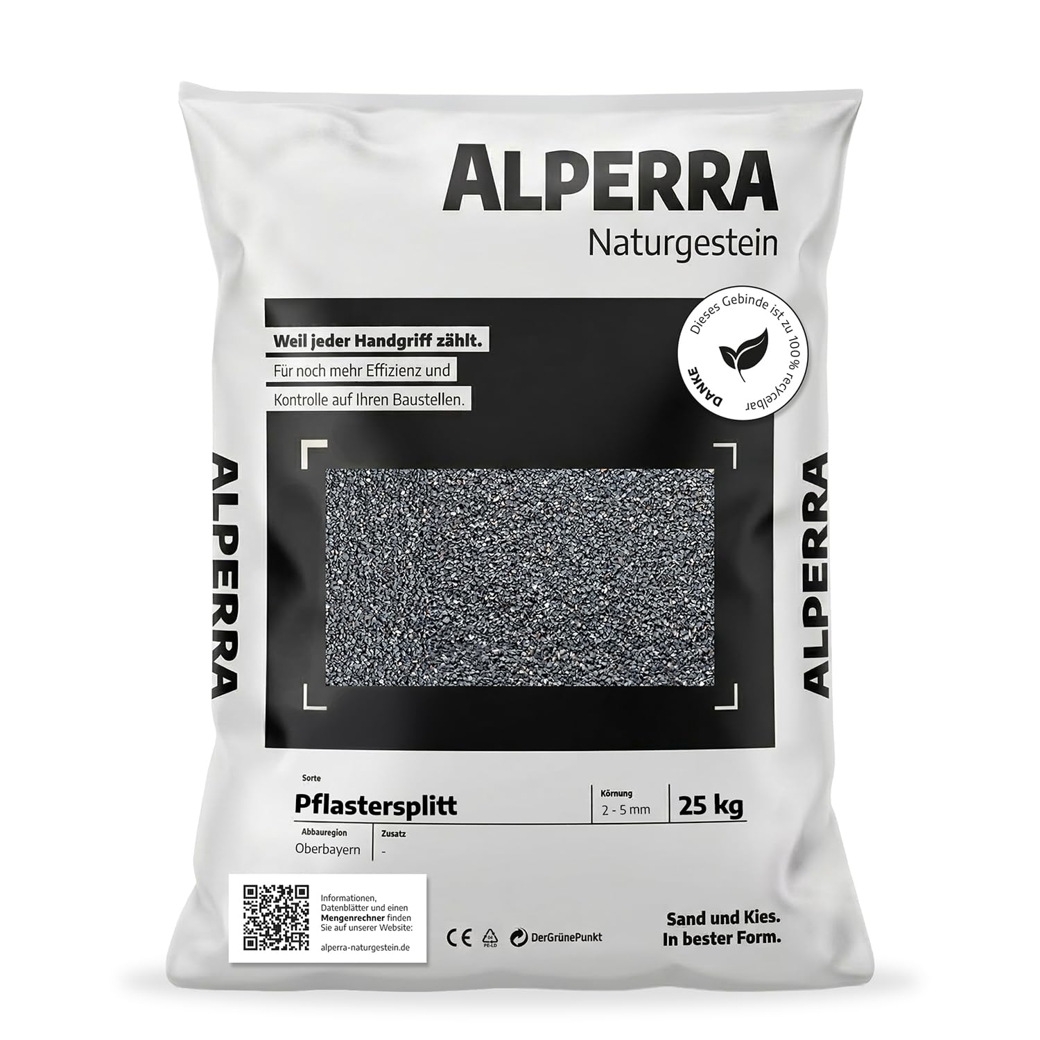 Pflastersplitt 2-5 mm 25 kg – dunkelgrau - anthrazit, gewaschen | Naturstein ideal für Pflasterarbeiten, Terrasse, Hof, Wege & Einfahrten | Splitt aus Bayern | 100% recycelbare Verpackung
