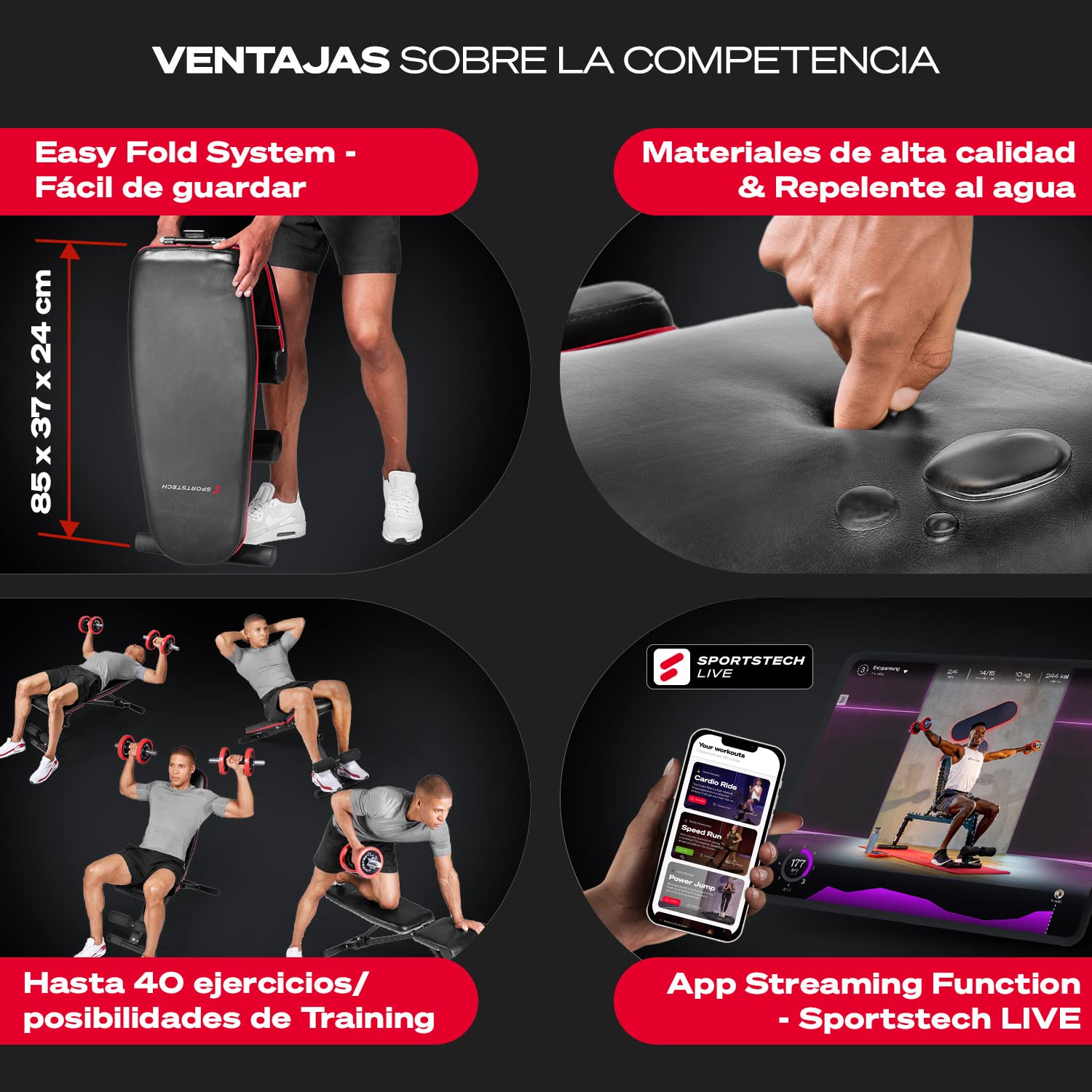 Banco de pesas Sportstech, plegable, inclinado y plano, max. carga de 180 kg, para entrenar los abdominales y ponerse en forma + más de 40 combinaciones para uso doméstico | BRT400