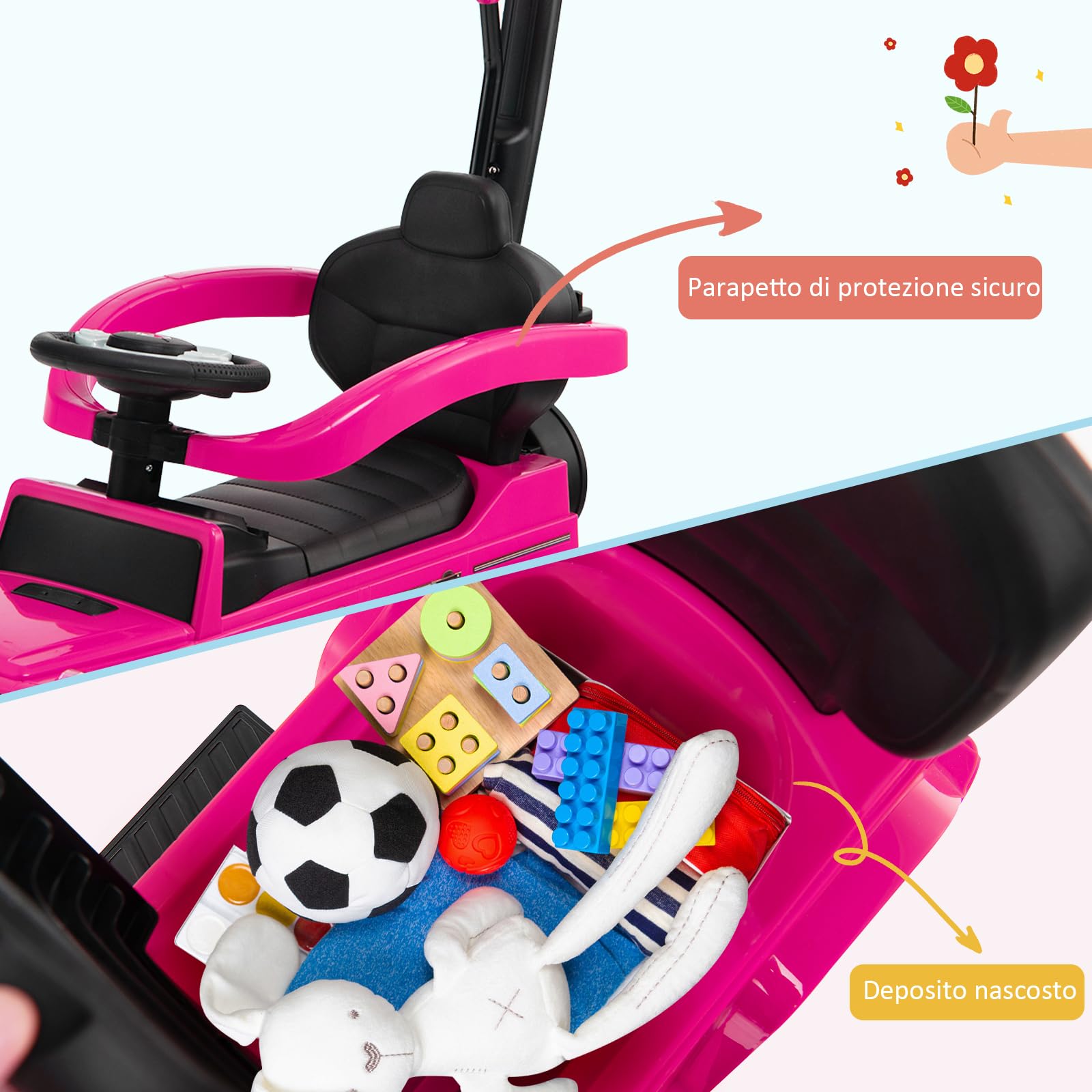 COSTWAY Auto a Spinta per Bambini, Macchina Cavalcabile a Spinta con Tettuccio Regolabile Maniglia per Genitori Paracolpi, Ideale per Bambini 12-36 Mesi (Rosa)