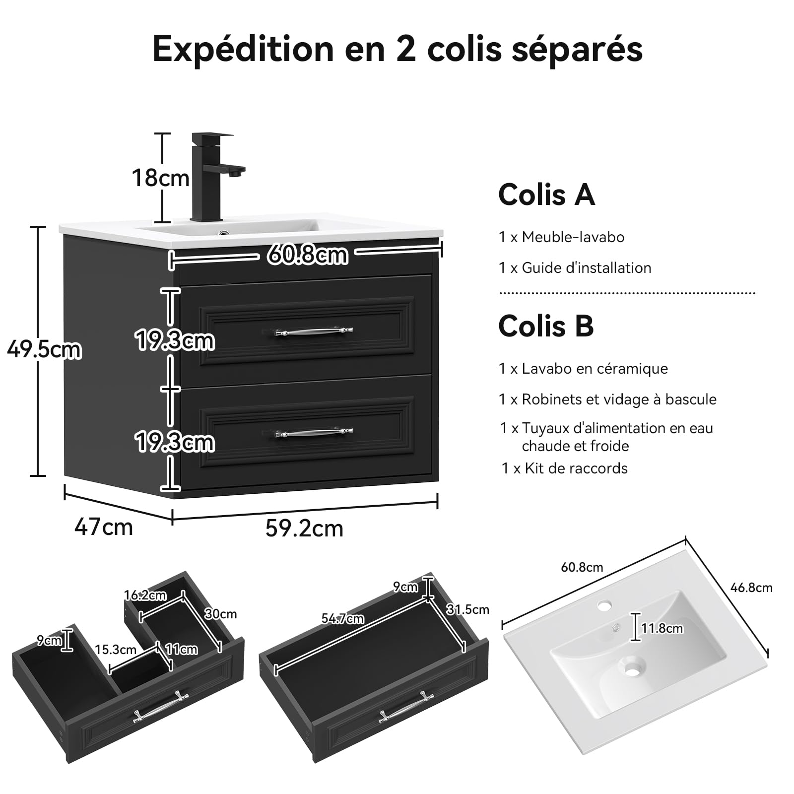 YU YUSING 60 cm Ensemble de Meuble de Salle de Bain Suspendu - Lavabo Céramique Blanc Incrusté, Robinet Noir, 2 Grands Tiroirs à Fermeture Douce, Design Moderne, Blanc et Noir, pour Espace Réduit