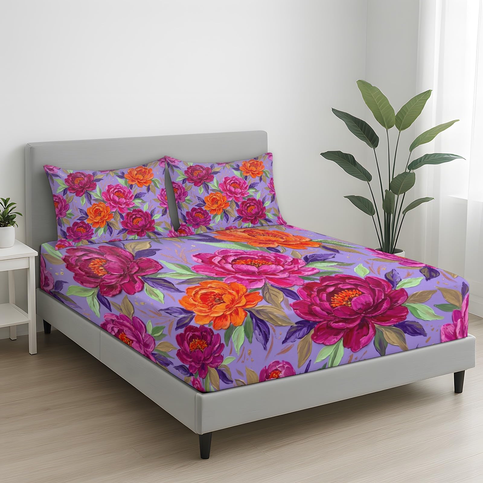 Piwonia prześcieradło z gumką, wzór kwiatowy, liść, 90 x 200 x 30 cm, 2-częściowy zestaw pościeli z mikrofibry, z poszewką na poduszkę, 30 cm, pasuje do materacy