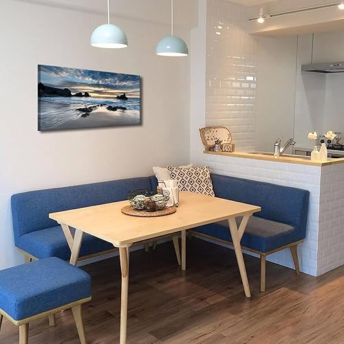 Miniatura 3 de Decoración de pared para sala de estar, lienzo impreso en lienzo con diseño de amanecer por la mañana en la playa, cuadro de paisaje azul