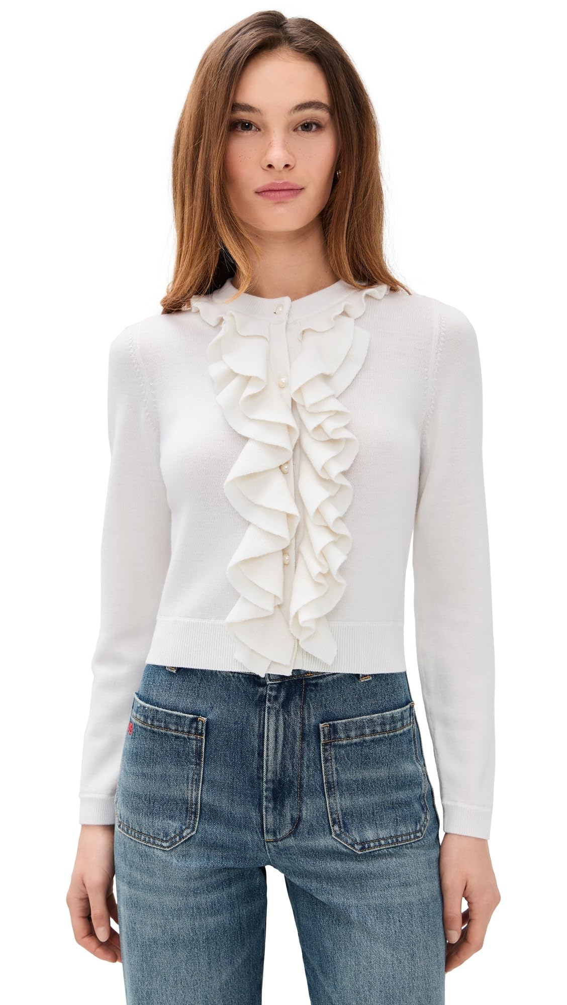 alice olivia Womens Dollie Ruffle Trim Cardigan